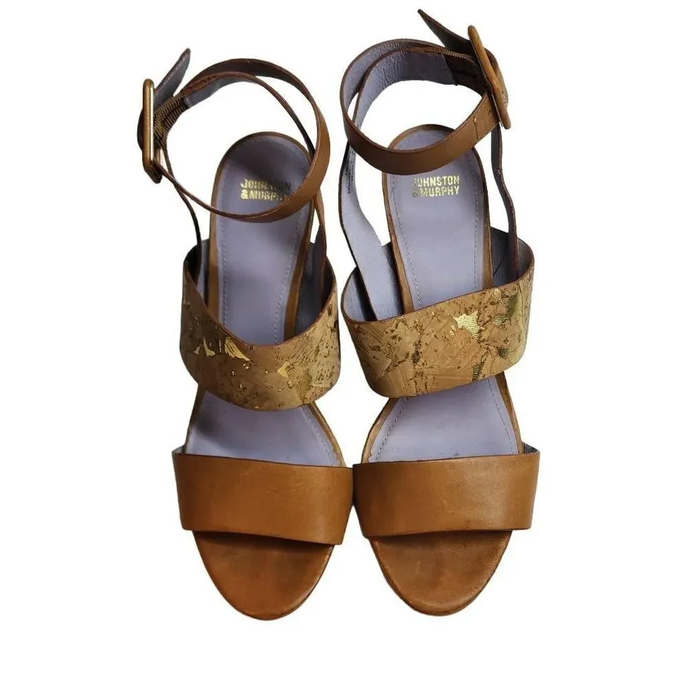 Tan Cork Wedge Sandals with Ankle Buckle